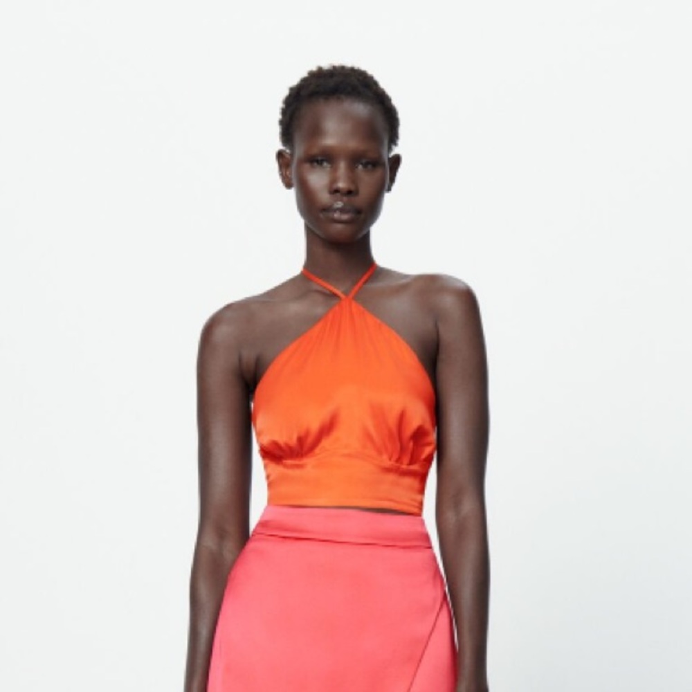 Orange satin effect halter top with tie back never worn